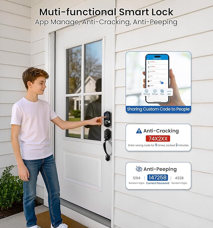 Veise VE07-H Fingerprint Smart Locks for Front Door with Handle Set, App Control, Keyless Entry Keypad Deadbolt, Digital Electronic Touchscreen, Easy Install, Auto Lock, Matte Black