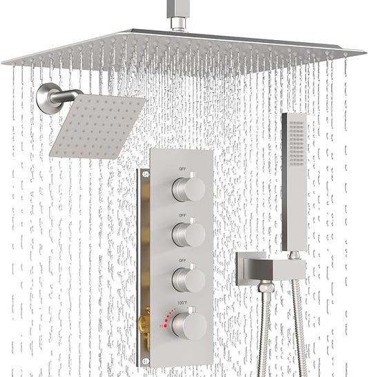 Enga Thermostatic Dual Head Shower System, 16" + 6" Dual Rainfall Shower System (Can All Run Together & Volume Adjustable) Dual Shower Head Combo Set, Brushed Nickel