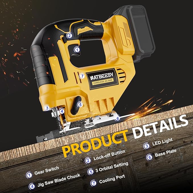 JigSaw Compatible With Dewalt 20v Max Battery, Cordless jig saw tool, LED Work Light,45° Beveled Cuts Variable Speed 2900RPM, 3 Orbital Action, with Jigsaw Blades for Curve Cutting (NOT Battery)