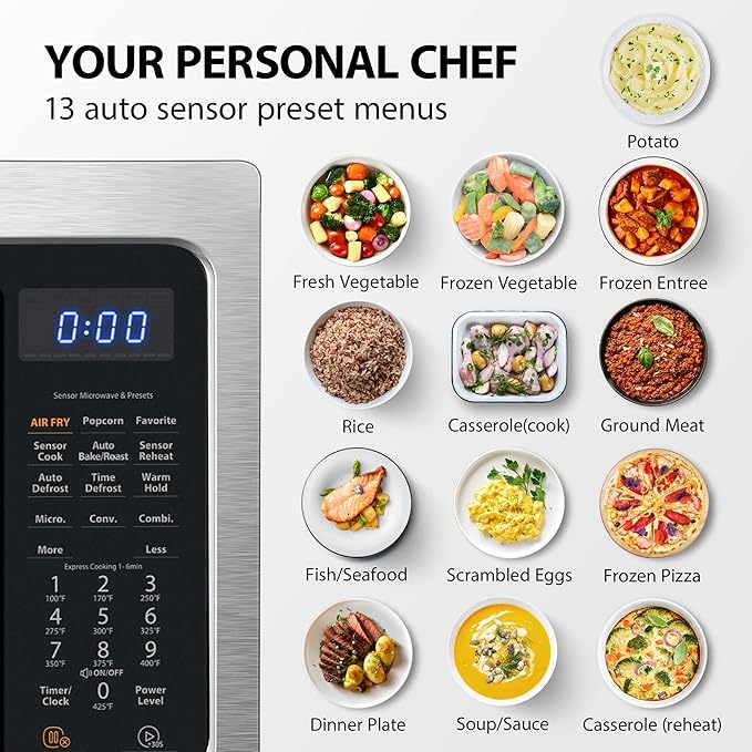 Toshiba Air Fryer Combo 4-in-1 Countertop Microwave Oven, Smart Sensor, Convection, Mute Function, Position Memory 13.6" Turntable, 1.5 Cu Ft, 1000W, Silver, ML-EC42P(SS)