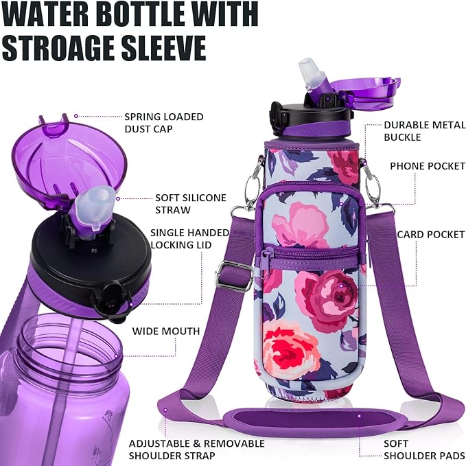 Fimibuke 32 oz Water Bottle with Sleeve - BPA Free Leakproof Sport Large 1L Plastic Motivational Water Bottle with Straw Strap & Insulated Neoprene Holder Carrier Bag Great Xmas Gift for Women Men