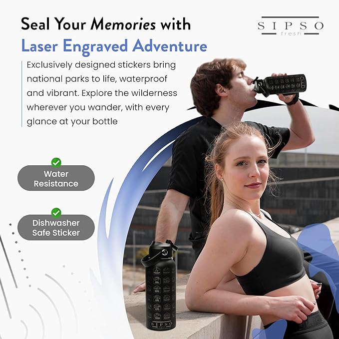 National Parks water bottle with Stickers: Unique 32 oz bottle | Double wall Stainless Steel water bottle | Leak Proof- laser Engraved water Bottle with National Park stickers (Black)