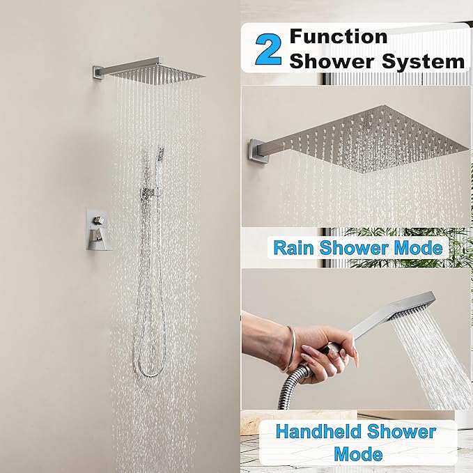 10 Inch Shower Faucet Set, Rainfall Shower System with Square Fixed Shower Head and High Pressure Handheld Shower Head, Spray Wall Mounted Rainfall Shower Fixtures, Brushed Nickel