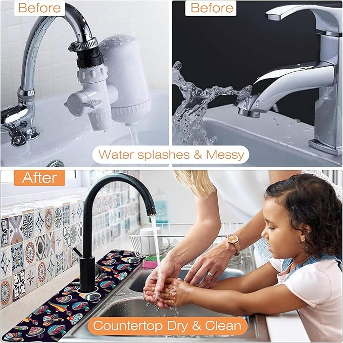 Kitchen Faucet Mat Magic Mushrooms Kitchen Sink Splash Guard Faucet Mat,1 PC Splash Guard Behind Faucet Drip Catcher for Kitchen,Sink Mat,Dish Drying Mat,Bathroom Faucet Mat 23.5""X5.5""