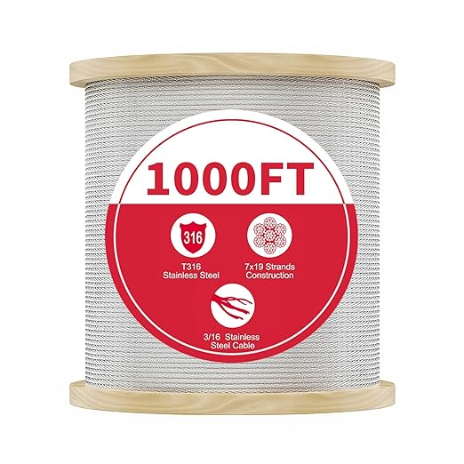 1000FT 3/16 Stainless Steel Cable for Deck Railings System 7 x 19 Strand Construction Aircraft Cable for Rail Deck and DIY Balustrade