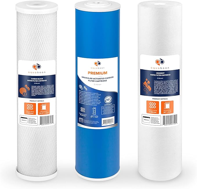 Aquaboon Whole House Water Filter Replacement Set - 5 Micron Water Filters 20 x 4.5 Inch: Sediment Filter, Granular Activated Carbon Water Filter, Carbon Block Water Filter for Water Filtration System