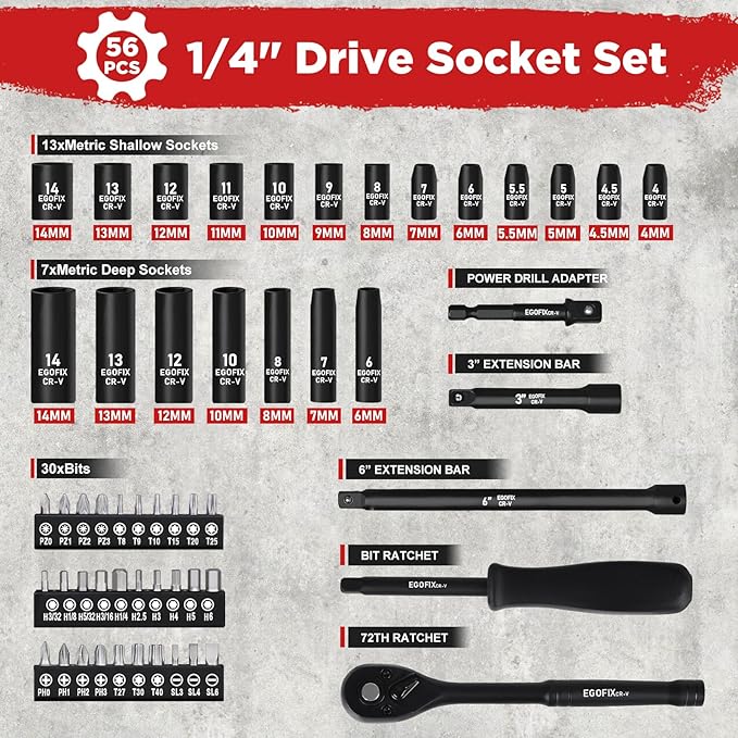 1/4" Ratchet Wrench Socket Set 56 PCS, Metric Shallow Socket (4-14mm) and Deep (6-8, 10-14mm), with Mini 72-Teeth Ratchet, Screwdriver Bit Set, Small Tool Kit for Home Use, Motorcycle and Bike