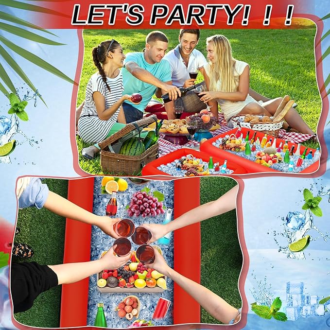 Leitee 4 Pcs Inflatable Ice Serving Bars Buffet Serving Tray Drink Cooler for Pool Party Inflatable Ice Tray Floating Food Drink Containers with Drain Plug and a Hand Pump, 2 Sizes (Red)