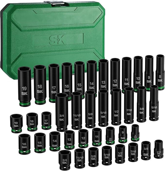 SK 3/8" Drive Impact Socket Set, 40-Piece Deep & Shallow Sockets, Metric 8 to 19mm, SAE 5/16″ to 3/4″, Premium CR-MO Steel, SureGrip 6 Point Design, With Storage Case