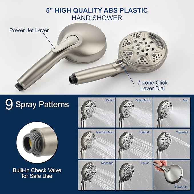 SHAMANDA Luxury Tub Shower Faucet Set with Round-in Valve, Wall Mounted Shower System with Waterfall Tub Spout and 6-Setting Rain Shower Head with 9-Setting Handheld, Brushed Nickel, L8083-2