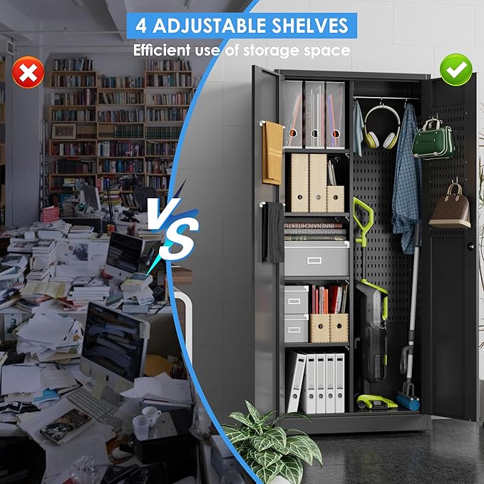61.61" H Metal Broom Closet Storage Cabinets with Pegboards and Hooks,Utility Closet Storage Cabinet with Hanging Rod and Adjustable Shelves for Garage,Laundry Room,Utility Room,Warehouse