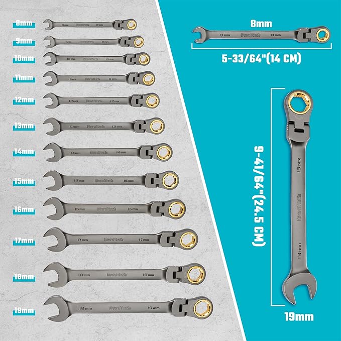 DURATECH Anti-Slip Flex-Head Ratcheting Wrench Set, Combination Wrench Set, 12-Piece, 72-Tooth, Metric, 8-19 mm, CR-V Steel, Organized in Storage Case