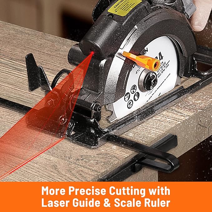 Circular Saw, 5.8A 4-1/2" Circular Saw w/Laser, Metal Auxiliary Handle, 6 Blades (4½", 4¾"), Cutting Depth 1-11/16" (90°), 1-3/8" (45°), Ideal for Wood, Soft Metal, Plastic, Tile - MCS01A