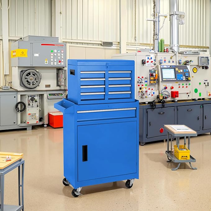 Tool Chest 5 Drawers Garage Storage Cabinet 2 in 1 Steel Frame Tool Chest with Wheels, Protective Liner, Detachable Top and Adjustable Shelf, Tool Box for Garage Workshop, Blue
