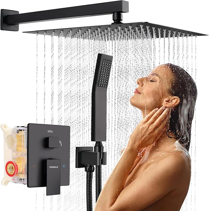 12 Inch Rainfall Shower System - Wall Mounted Complete Combo with Solid Brass Pressure Balancing Valve, High Pressure Shower Head, Handle Set & Installation Accessories Matte Black