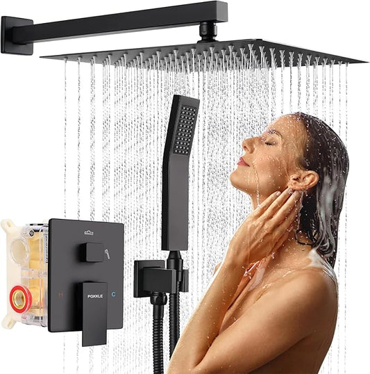 12 Inch Rainfall Shower System - Wall Mounted Complete Combo with Solid Brass Pressure Balancing Valve, High Pressure Shower Head, Handle Set & Installation Accessories Matte Black