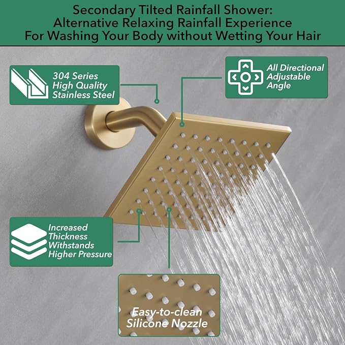 VANFOXLE Shower Faucet Set Brushed Gold Shower System,Four Modes Shower Faucet with 2 in 1 Handheld,Ceiling Mount 10 Inch Shower Head with 6 Inch Shower Head, 4 PCS Dual Modes Body Jets