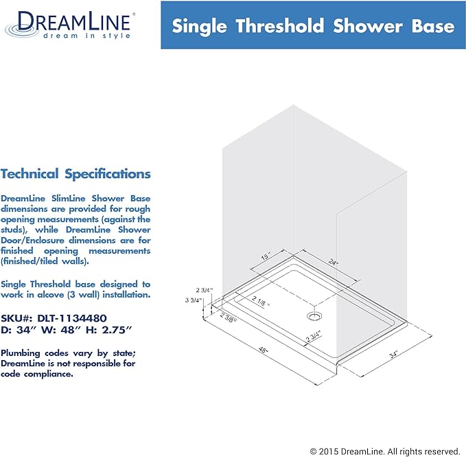 DreamLine SlimLine 34 in. D x 48 in. W x 2 3/4 in. H Center Drain Single Threshold Shower Base in Biscuit, DLT-1134480-22