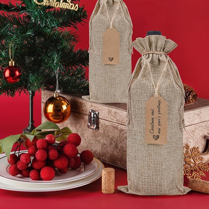 EVRWO Burlap Wine Bags 12 Pcs Wine Bottle Gift Bags Reusable Gift Bags With Drawstrings Tags & Ropes for Holiday Weedings Party, Birthdays, Travel, Blind Tastings, Home Storage 750ml