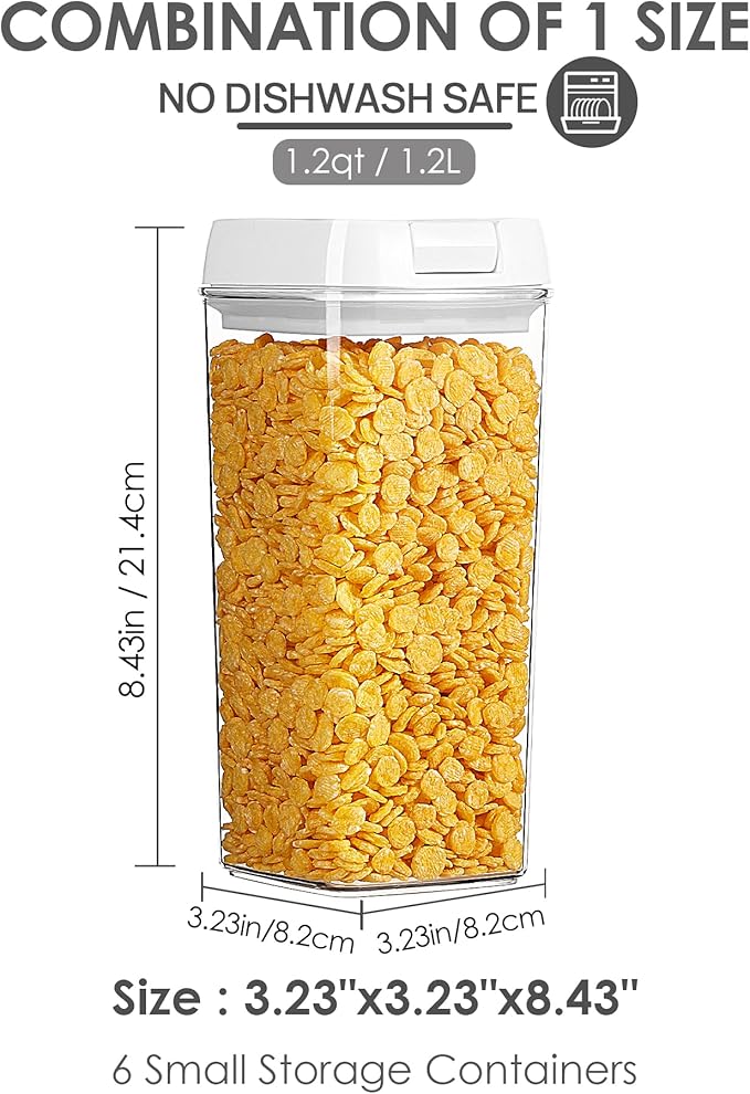 Vtopmart 6 PCS Airtight Food Storage Containers, BPA Free Plastic Snack Cereal Containers with Easy Lock Lids, for Kitchen Pantry Organization and Storage, Include 24 Labels, 1.2L