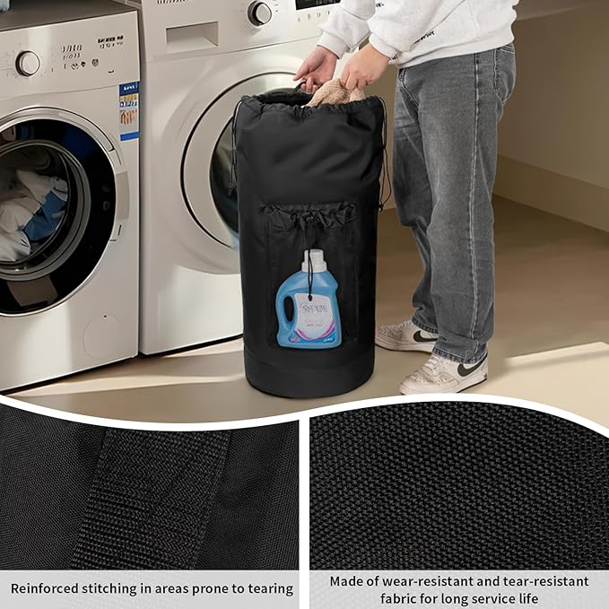 Laundry Bag Backpack with Shoulder Straps and Mesh Pocket Foldable Laundry Hamper for College, Apartment, Laundromat (Black)