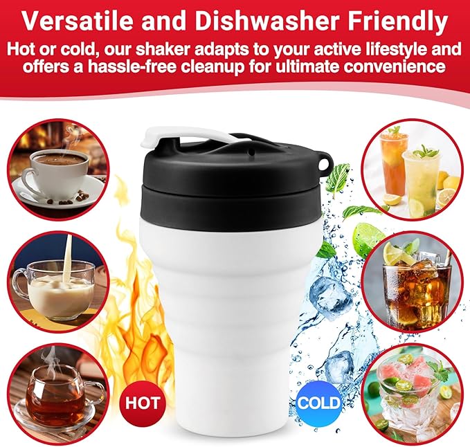 Protein Shaker Bottle Collapsible - Food-Grade, Leakproof Lid 600mL/20oz Shaker - Reusable Silicone Shaker Cups for Protein Shakes for Gym-goers & Travelers