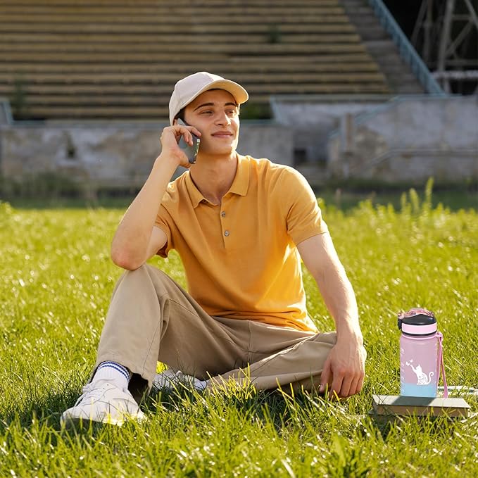 Floral Cat Water Bottle with Straw, Carry Strap, LeakProof, Tritan BPA Free, 32 Oz Motivational Water Bottle with Time Marker to Ensure You Drink Enough Water for Gym Fitness Outdoor