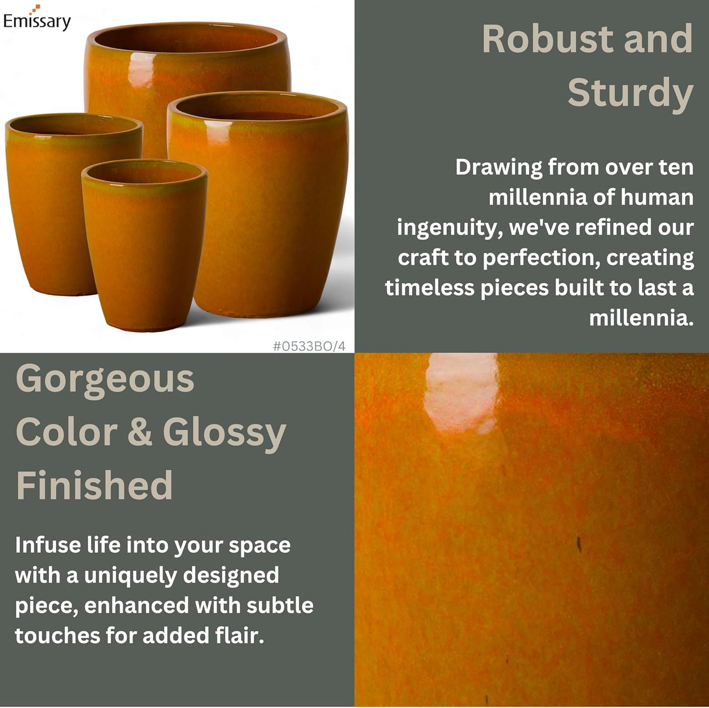 Emissary Home and Garden Bullet 12in., 14in., 15.5in., 21in. H Bright Orange Ceramic Round Planters with Drainage Hole (Set of 4)