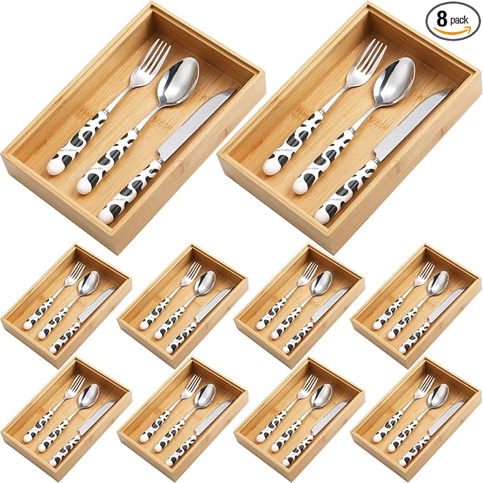 Kigley 8 Pieces Bamboo Drawer Organizer Kitchen Utensils Wooden Utensil Stackable Wooden Storage Box Bamboo Silverware Tray for Drawer(9 x 6 x 2 Inch,Wood)
