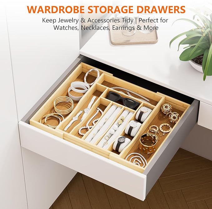 Expandable and Adjustable Bamboo Drawer Organizer Tray - Cutlery Drawer Organizer for Kitchen Utensils, Silverware Organizer with Dividers, 7-9 Slots with Curved Grooves (Natural)