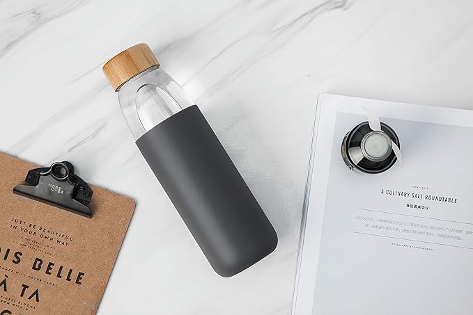 veegoal Glass Water Bottles 25 Oz Borosilicate with Bamboo Lid, BPA-FREE, Non-Slip Silicone Sleeve, and Stainless Steel Leak Proof Lid - Reusable Glass Bottle for Men and Women