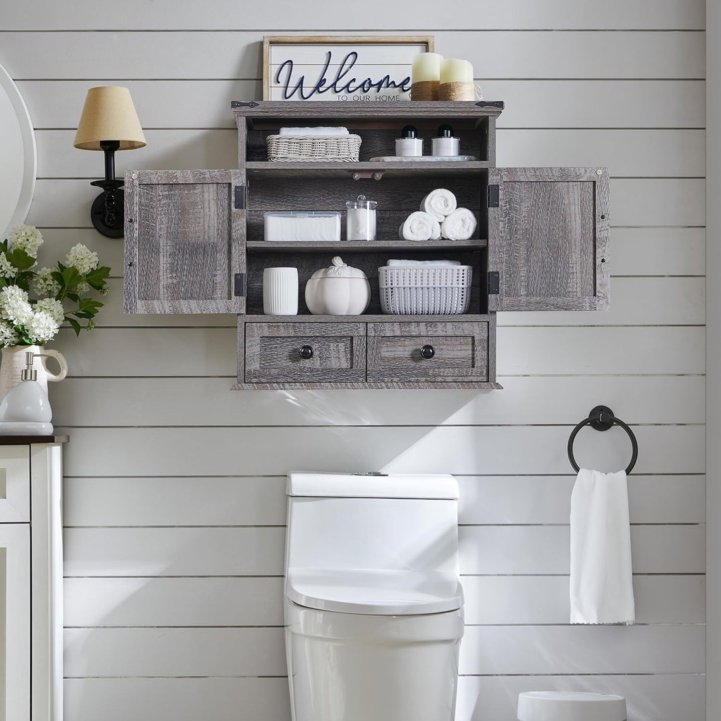 Bathroom Wall Cabinet, Farmhouse Medicine Cabinet, 24" Wide Cabinet with Drawer, Adjustable Shelf, Double Barn Doors, Storage Cabinet for Bathroom, Kitchen, Living Room, Grey Wash