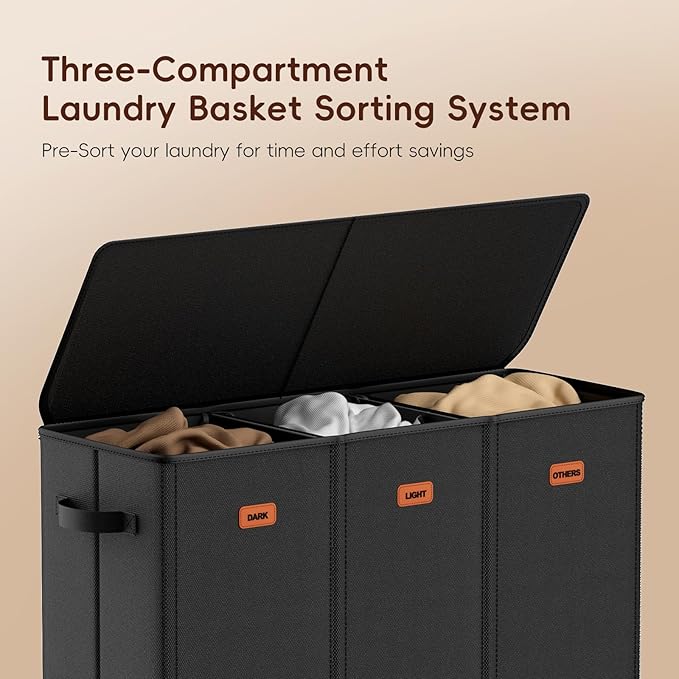 185L Laundry Hamper 3 Section, Laundry Hamper with Lid, Dirty Clothes Hamper with 3 Removable Washing Bags, Extra Large Laundry Basket Organizer for Bedroom, Laundry Room, Dorm - Black