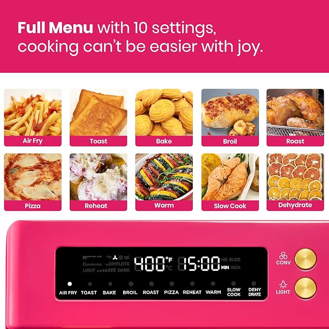VAL CUCINA Limited Edition Happy Pink Infrared Heating Air Fryer Toaster Oven, Extra Large Countertop Convection Oven 10-in-1 Combo, 6-Slice Toast, Enamel Baking Pan Easy Clean with Recipe Book