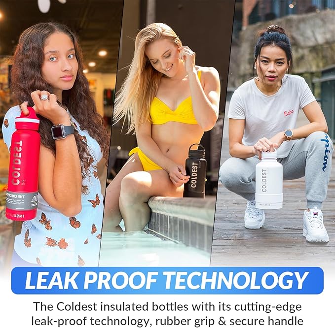 Coldest Insulated Water Bottle with Handle Lid | Leak Proof, Insulated Modern Stainless Steel, Triple Walled, Sport Thermos Bottles, Metal Flask | 64oz