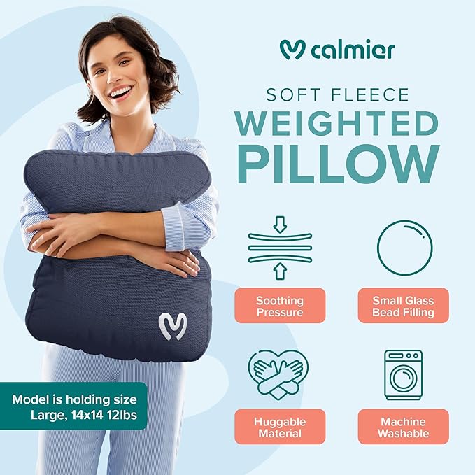 Calmier - 9 lb Sensory Weighted Pillow - Glass Bead Filled Hug Pillow - Ultra Plush Cozy Weighted Pillows for Adults and Kids - Child Sensory Pillow - Weighted Lap Pad (Blue - Fleece, 9 LBS)
