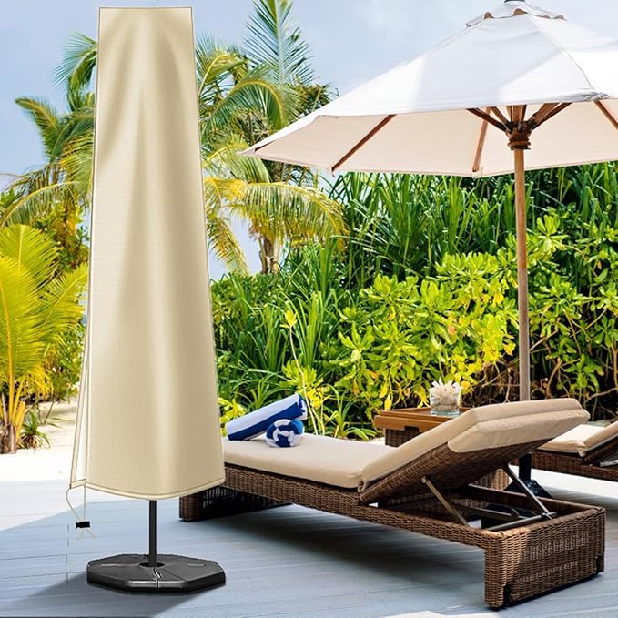 OKPOW Patio Umbrella Cover for 9ft to 12ft Outdoor Umbrellas - 420D Waterproof Garden Market Umbrella Cover Outside Parasol Covers with Zipper for Deck Pool Beach Umbrellas, Khaki