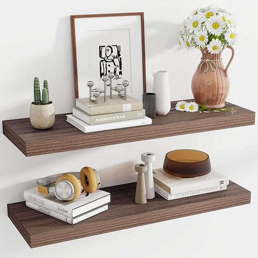 36 Inch Floating Shelves, 11.6 Inch Deep Floating Shelves for Wall, Floating Shelf with Invisible Brackets, Deep Shelves for Bathroom, Bedroom, Living Room, 2 Pack, Walnut