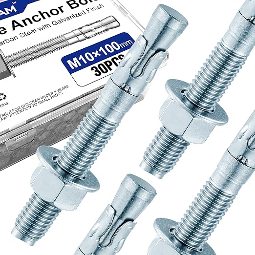 30Pcs M10×100mm Wedge Anchor Bolt, Carbon Steel Zinc Plated, Concrete Anchor Screws Kit, Anti-Rust Metric Expansion Bolts