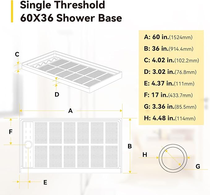Sunrosa Shower Base 60"×36"×4", Single Threshold Shower Bases with Left Drain, Rectangle Solid Surface White Shower Pan, Slip Resistant Textured Surface, Include Stainless Steel Chrome Cover