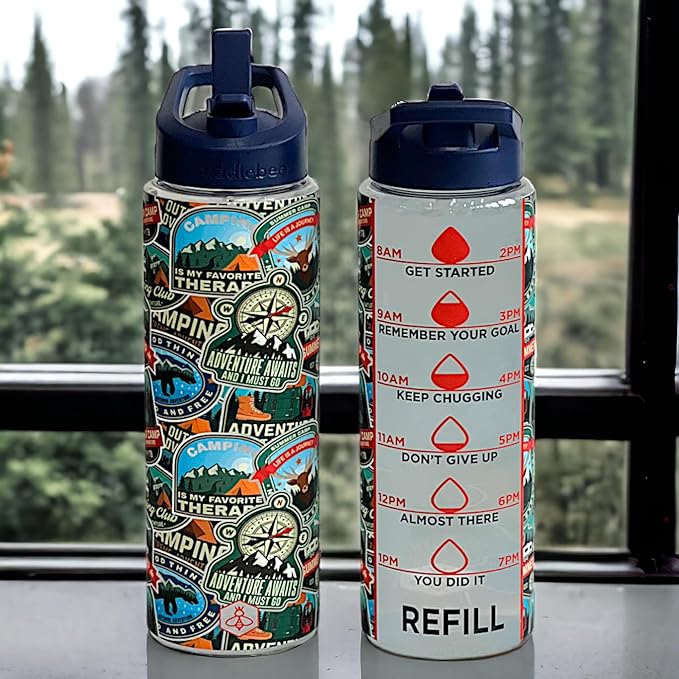 Biddlebee 32oz. Hydration Tracker Water Bottles with Times To Drink | Big Motivational Water Bottle with Time Marker, Straw Lid, & Measurements | BPA-Free