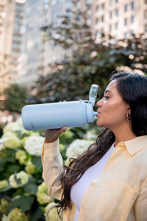 Ello Cooper 40oz Stainless Steel Water Bottle with Straw and Carry Handle, Double Walled and Vacuum Insulated Metal, Leak Proof Locking Lid with Soft Silicone Spout, Reusable, BPA Free, Halogen Blue