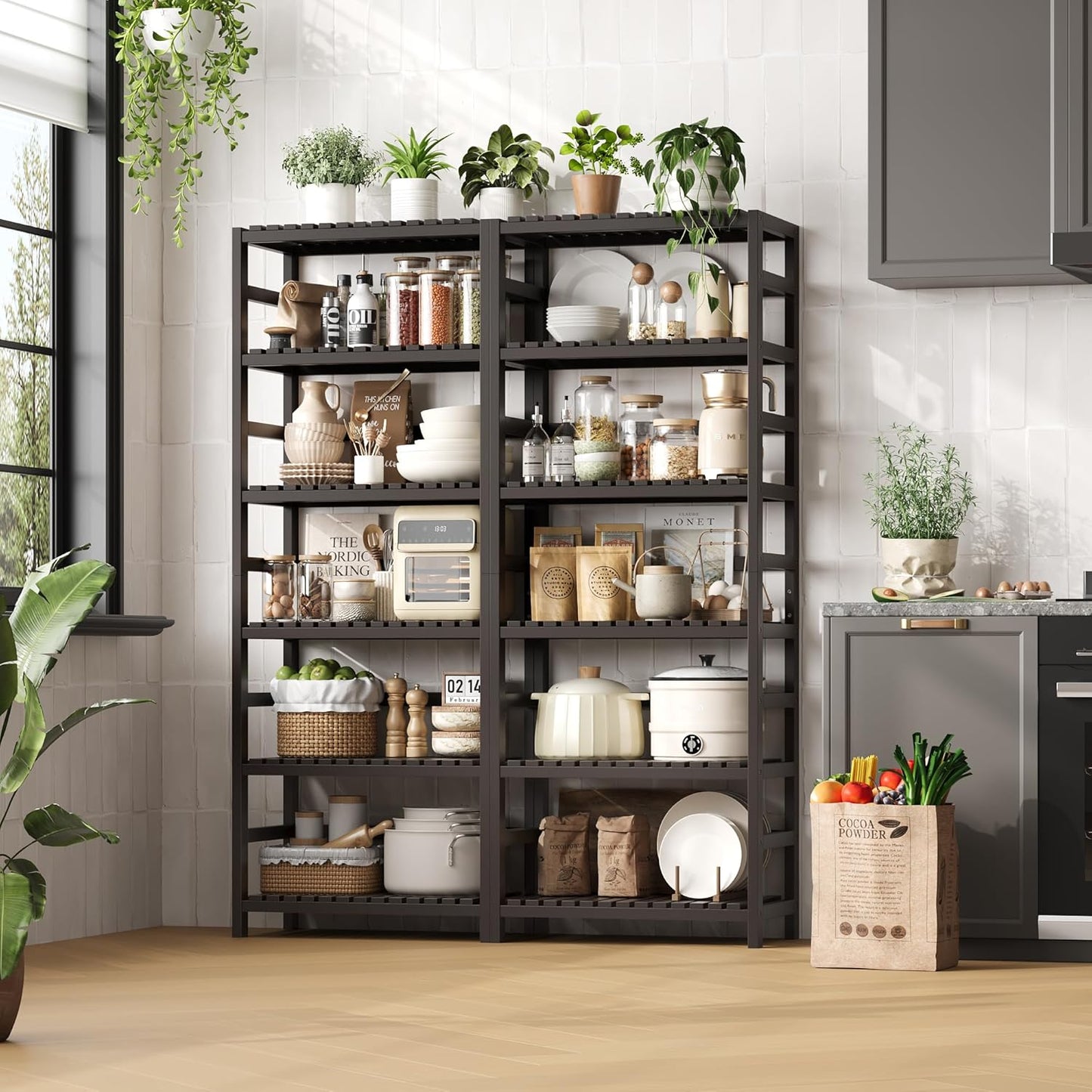 FOTOSOK 6-Tier Bamboo Shelf, Bamboo Bookcase with Adjustable Shelves, Free Standing Storage Shelf Unit, Plant Flower Stand for Kitchen, Bathroom, Home Office, Vintage