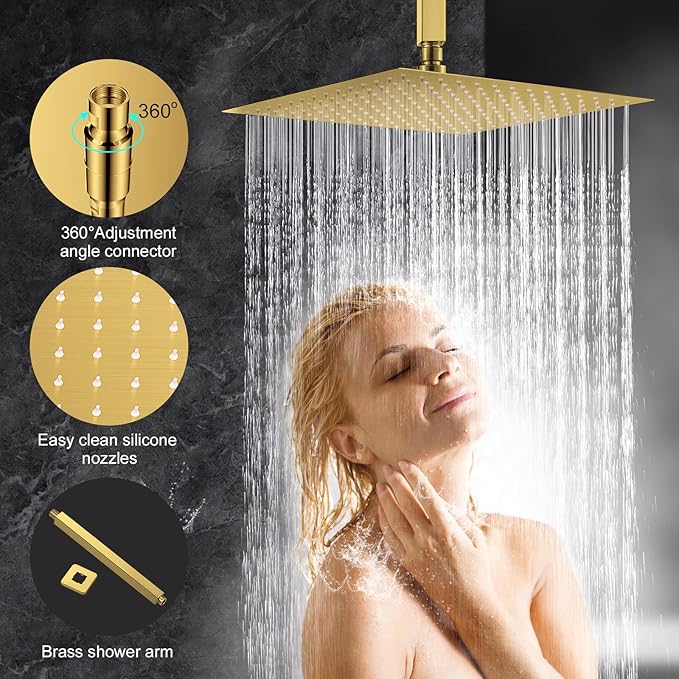 NERDON Shower System, 12 Inch Brushed Gold High Pressure Shower Head with Rain Handheld Combo Set, Ceiling Mounted Dual Shower Head System, Bathroom Shower Faucet Set Rough-in Valve Body and Trim