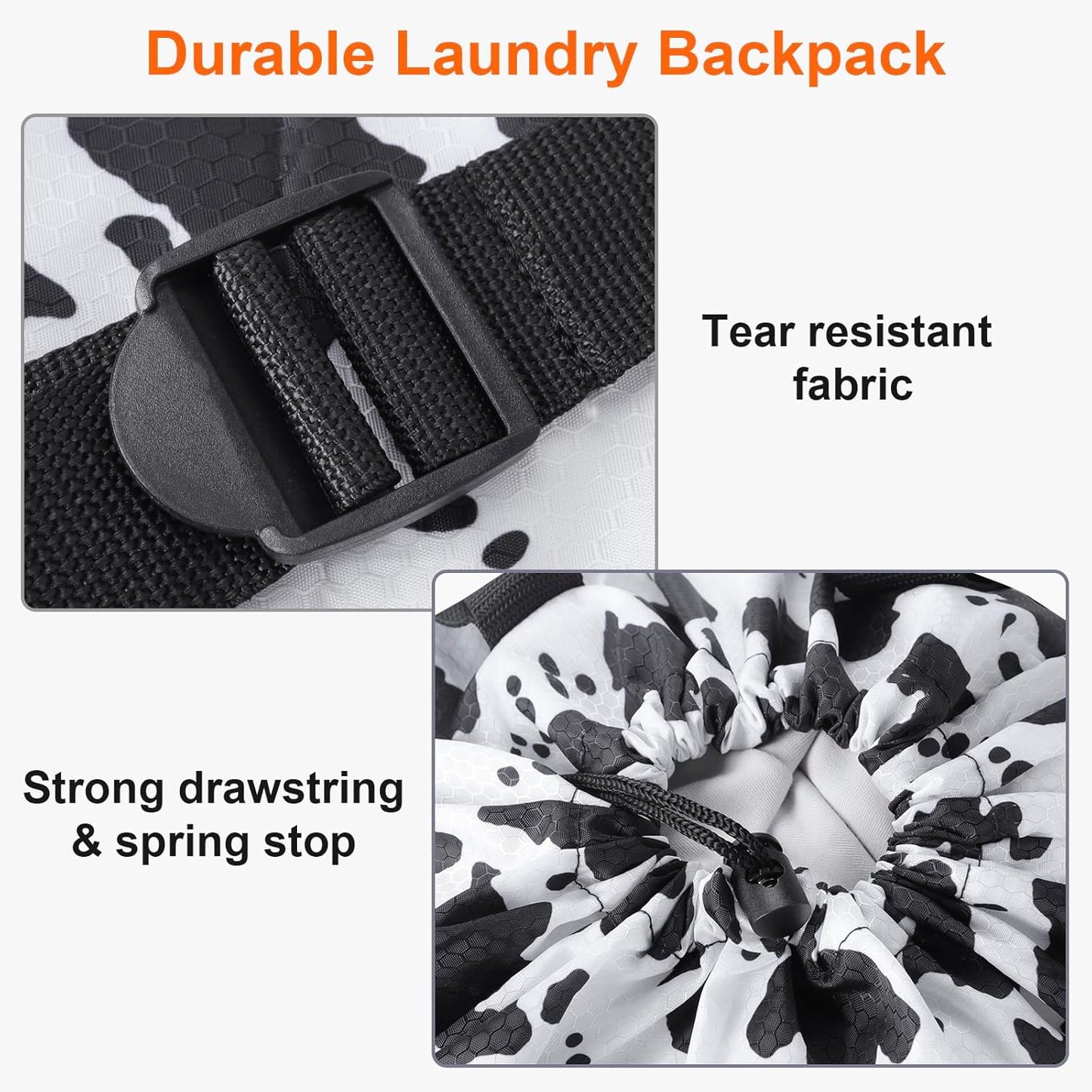 Femuar Laundry Bag Backpack Durable Laundry Bag with Shoulder Straps and Mesh Pockets Portable Laundry Dirty Clothes Hamper Bag for College Dorm (Cow Print)