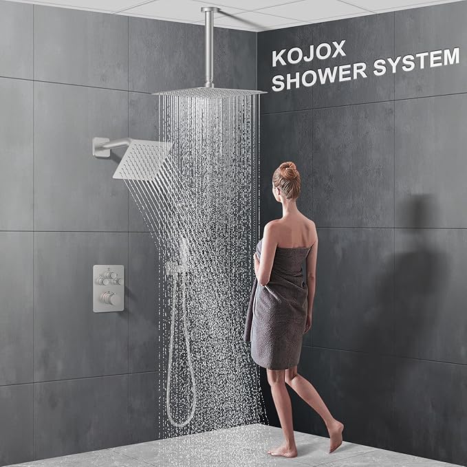 KOJOX Brushed Nickel Thermostatic Shower System, Push Button Diverter Shower Faucet Set with 12" Ceiling Mount Rain Shower, 6" Wall Mount Shower Head, and 4-in-1 Handheld Spray