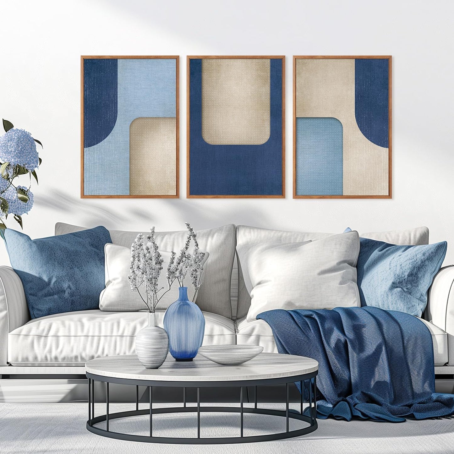 KAIRNE Blue Modern Abstract Canvas Wall Art,Neutral Prints Set of 3(16”X24”),Simple Design Wall Decor,Boho Minimalist Paintings,Blue and White Geometry Pictures for Living Room Bedroom Office Decor