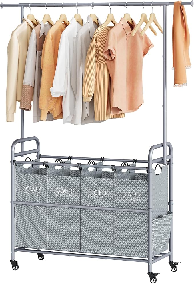 Tajsoon Laundry Sorter with Hanging Bar, 4 Section Rolling Laundry Hamper with Heavy Duty Lockable Wheels, Laundry Sorter Cart for Bathroom & Bedroom, Gray
