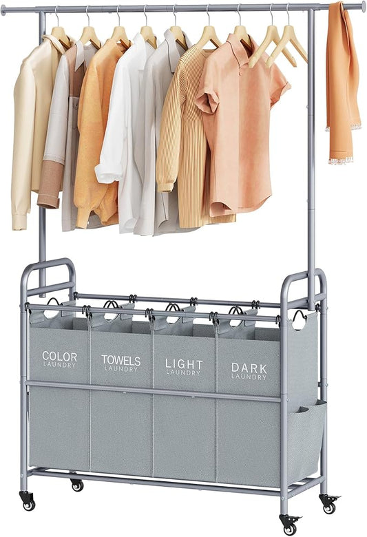 Tajsoon Laundry Sorter with Hanging Bar, 4 Section Rolling Laundry Hamper with Heavy Duty Lockable Wheels, Laundry Sorter Cart for Bathroom & Bedroom, Gray