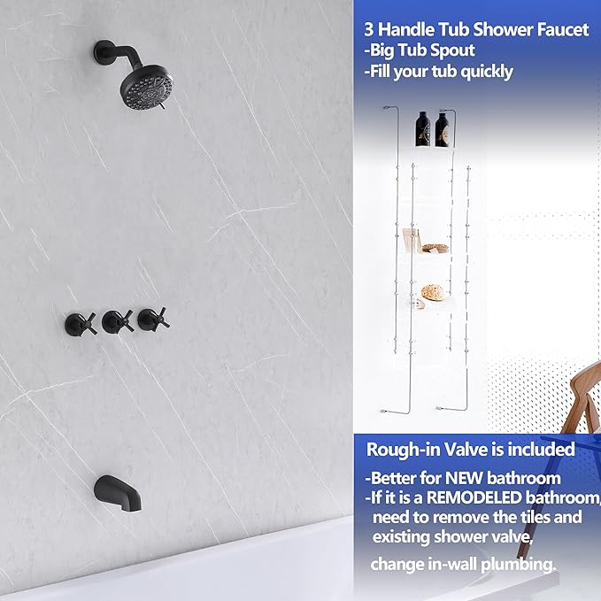 3 Handle Tub Shower Faucet Matte Black, Bathtub Shower Faucet Set With Tub Spout, Tub and Shower Trim Kit with Valve